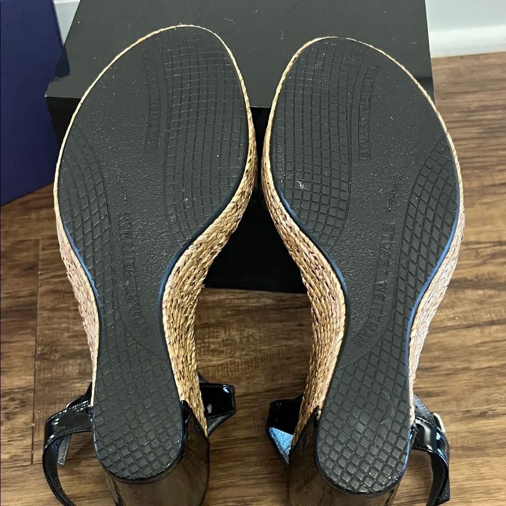 Stuart Weitzman Black Leather and Natural Raffia Wedge Sandals - Picture 6 of 6